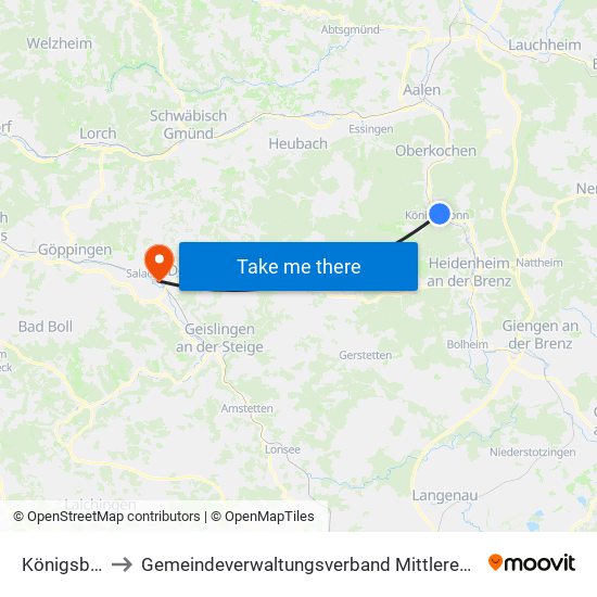 Königsbronn to Gemeindeverwaltungsverband Mittleres Fils-Lautertal map