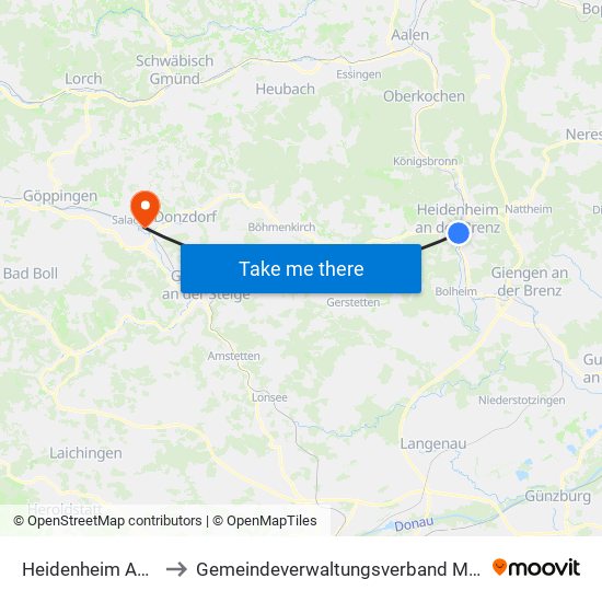 Heidenheim An Der Brenz to Gemeindeverwaltungsverband Mittleres Fils-Lautertal map