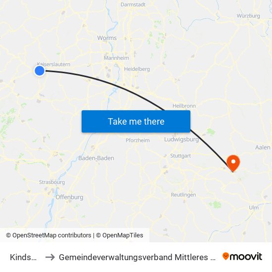 Kindsbach to Gemeindeverwaltungsverband Mittleres Fils-Lautertal map