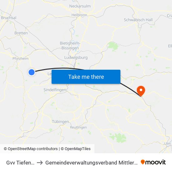 Gvv Tiefenbronn to Gemeindeverwaltungsverband Mittleres Fils-Lautertal map