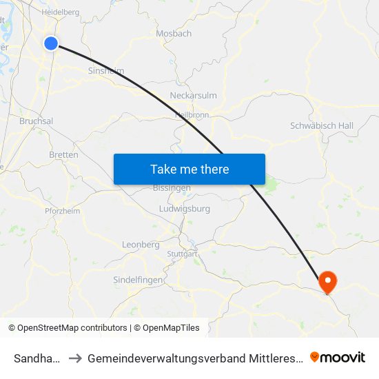 Sandhausen to Gemeindeverwaltungsverband Mittleres Fils-Lautertal map