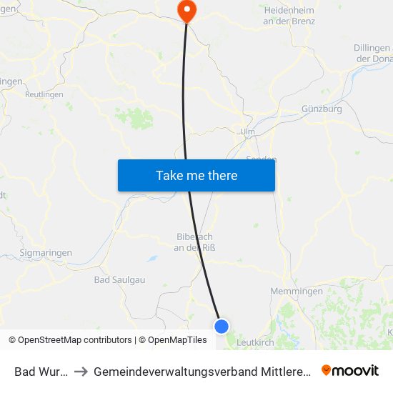 Bad Wurzach to Gemeindeverwaltungsverband Mittleres Fils-Lautertal map