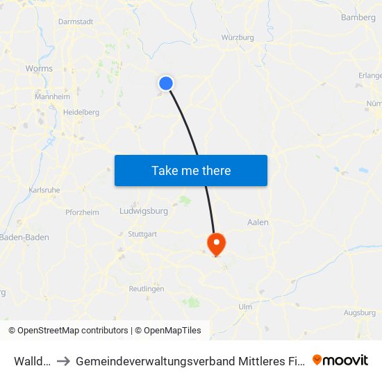 Walldürn to Gemeindeverwaltungsverband Mittleres Fils-Lautertal map