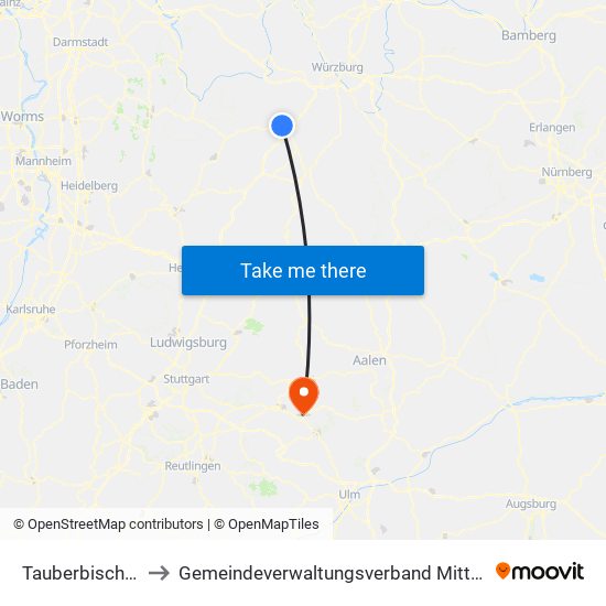 Tauberbischofsheim to Gemeindeverwaltungsverband Mittleres Fils-Lautertal map