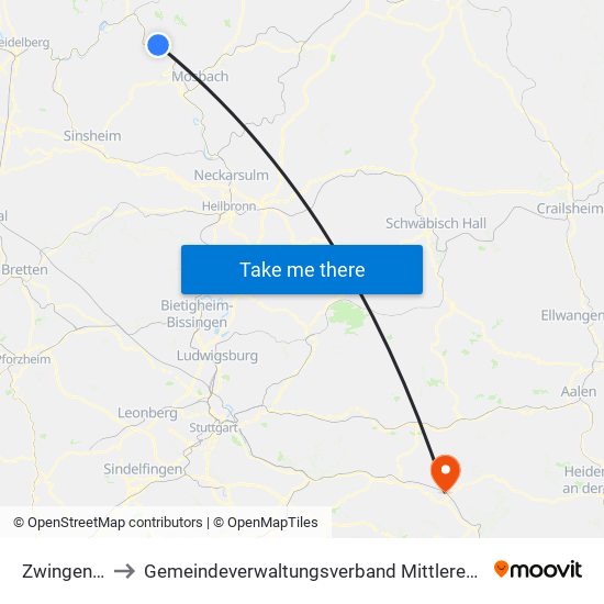 Zwingenberg to Gemeindeverwaltungsverband Mittleres Fils-Lautertal map