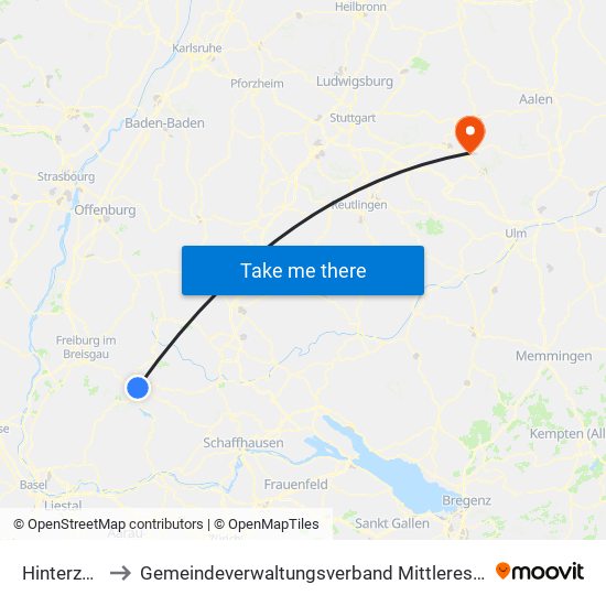 Hinterzarten to Gemeindeverwaltungsverband Mittleres Fils-Lautertal map