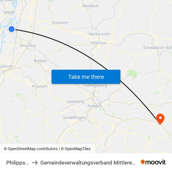 Philippsburg to Gemeindeverwaltungsverband Mittleres Fils-Lautertal map