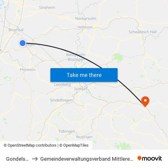 Gondelsheim to Gemeindeverwaltungsverband Mittleres Fils-Lautertal map