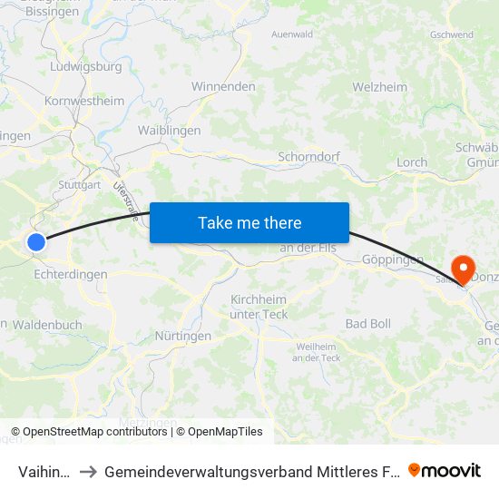 Vaihingen to Gemeindeverwaltungsverband Mittleres Fils-Lautertal map