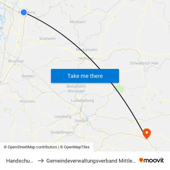 Handschuhsheim to Gemeindeverwaltungsverband Mittleres Fils-Lautertal map