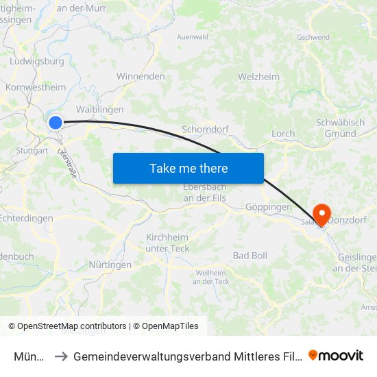 Münster to Gemeindeverwaltungsverband Mittleres Fils-Lautertal map