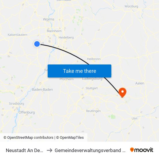 Neustadt An Der Weinstraße to Gemeindeverwaltungsverband Mittleres Fils-Lautertal map