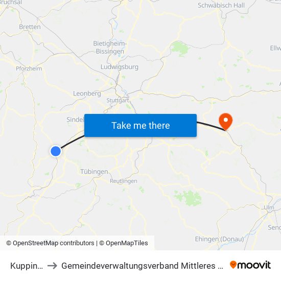 Kuppingen to Gemeindeverwaltungsverband Mittleres Fils-Lautertal map