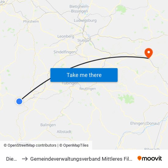 Dießen to Gemeindeverwaltungsverband Mittleres Fils-Lautertal map