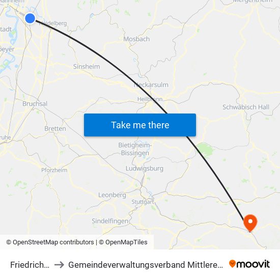 Friedrichsfeld to Gemeindeverwaltungsverband Mittleres Fils-Lautertal map