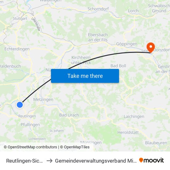 Reutlingen-Sickenhausen to Gemeindeverwaltungsverband Mittleres Fils-Lautertal map