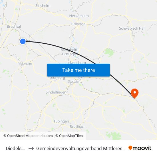 Diedelsheim to Gemeindeverwaltungsverband Mittleres Fils-Lautertal map