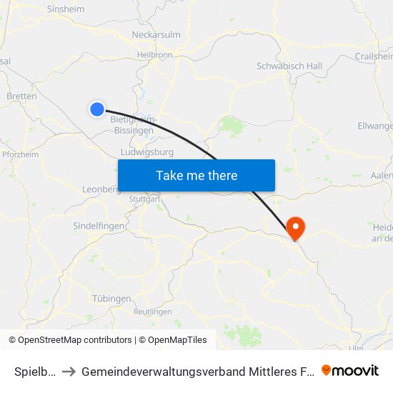 Spielberg to Gemeindeverwaltungsverband Mittleres Fils-Lautertal map