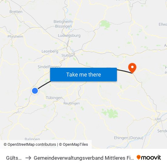 Gültstein to Gemeindeverwaltungsverband Mittleres Fils-Lautertal map