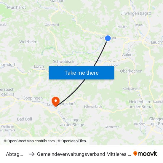 Abtsgmünd to Gemeindeverwaltungsverband Mittleres Fils-Lautertal map