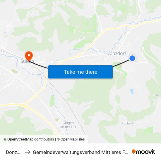 Donzdorf to Gemeindeverwaltungsverband Mittleres Fils-Lautertal map