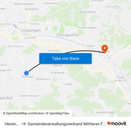 Heiningen to Gemeindeverwaltungsverband Mittleres Fils-Lautertal map