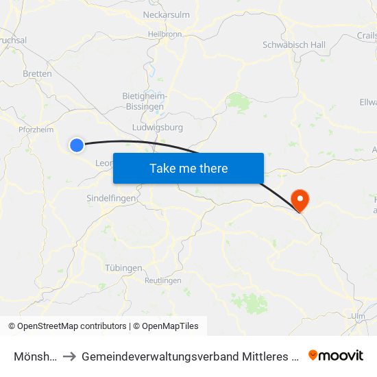 Mönsheim to Gemeindeverwaltungsverband Mittleres Fils-Lautertal map