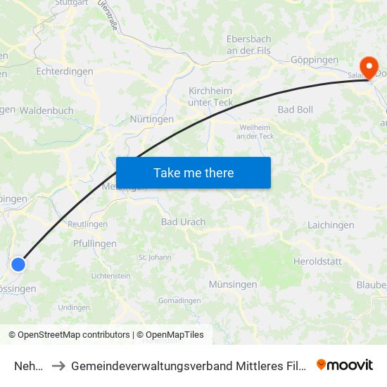 Nehren to Gemeindeverwaltungsverband Mittleres Fils-Lautertal map