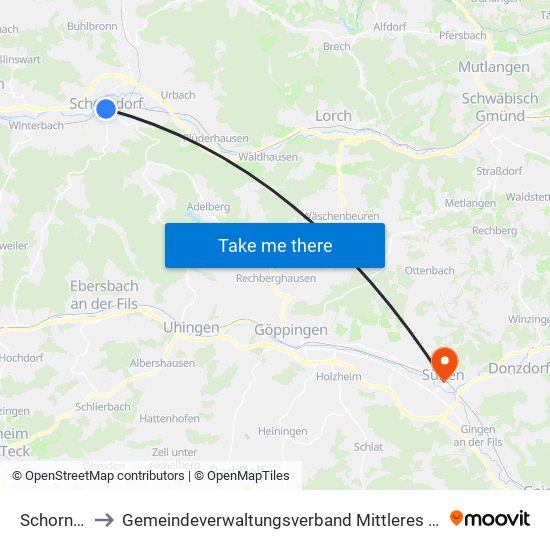 Schorndorf to Gemeindeverwaltungsverband Mittleres Fils-Lautertal map