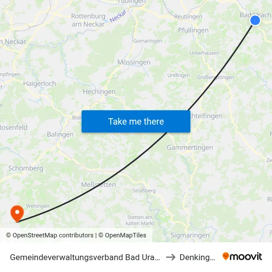 Gemeindeverwaltungsverband Bad Urach to Denkingen map
