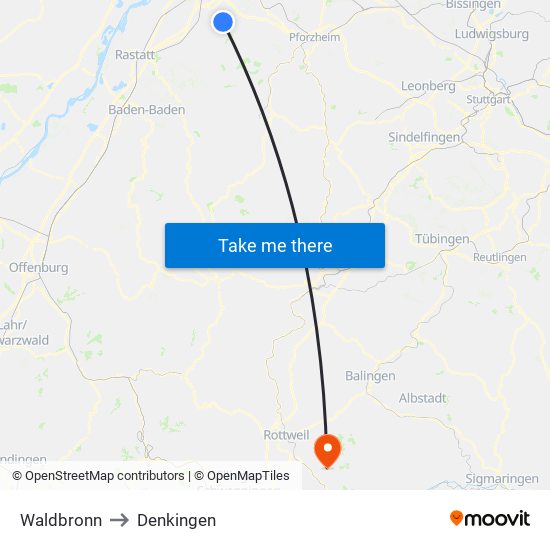 Waldbronn to Denkingen map