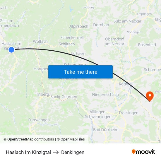 Haslach Im Kinzigtal to Denkingen map