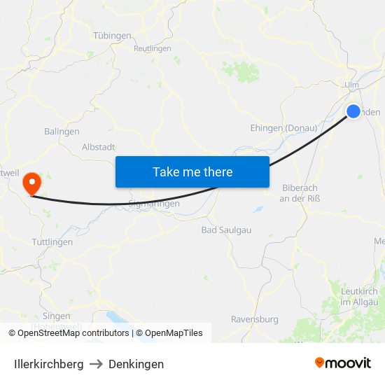 Illerkirchberg to Denkingen map