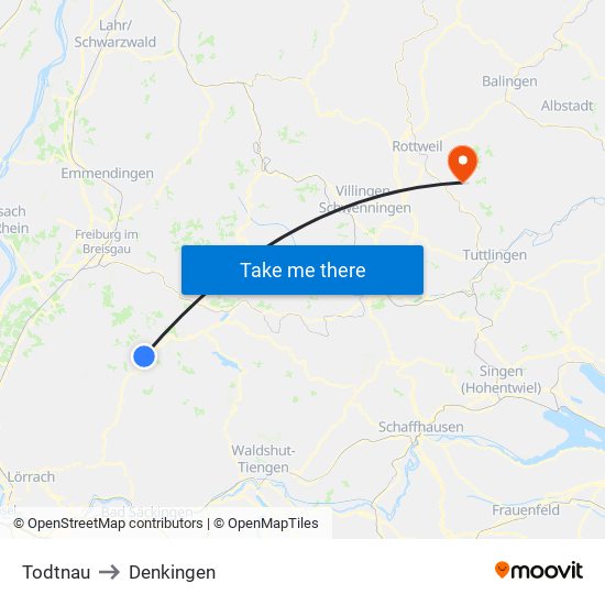 Todtnau to Denkingen map