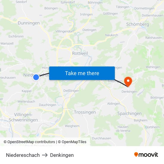 Niedereschach to Denkingen map
