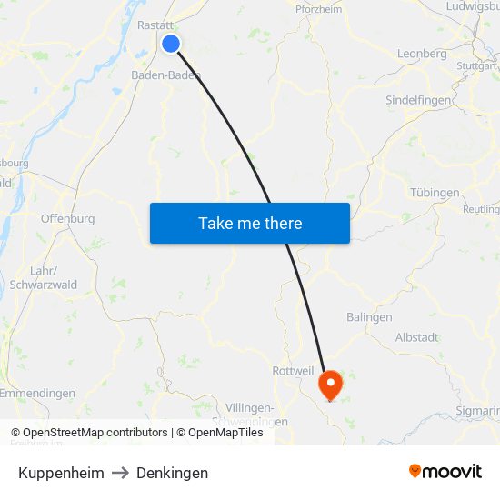 Kuppenheim to Denkingen map