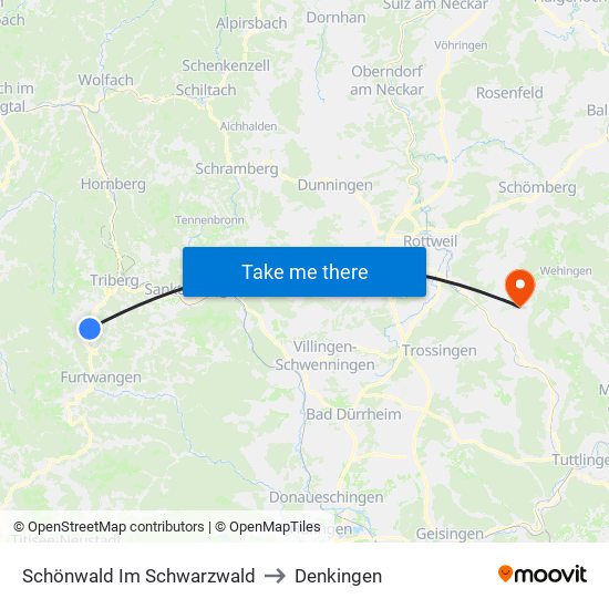 Schönwald Im Schwarzwald to Denkingen map