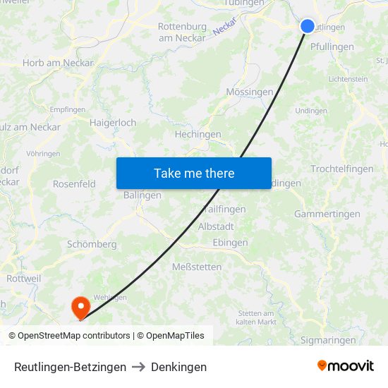 Reutlingen-Betzingen to Denkingen map