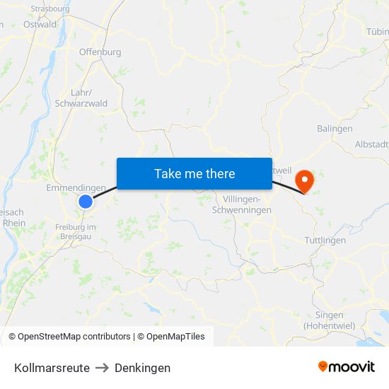 Kollmarsreute to Denkingen map