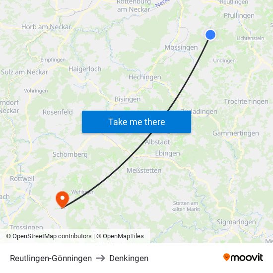 Reutlingen-Gönningen to Denkingen map