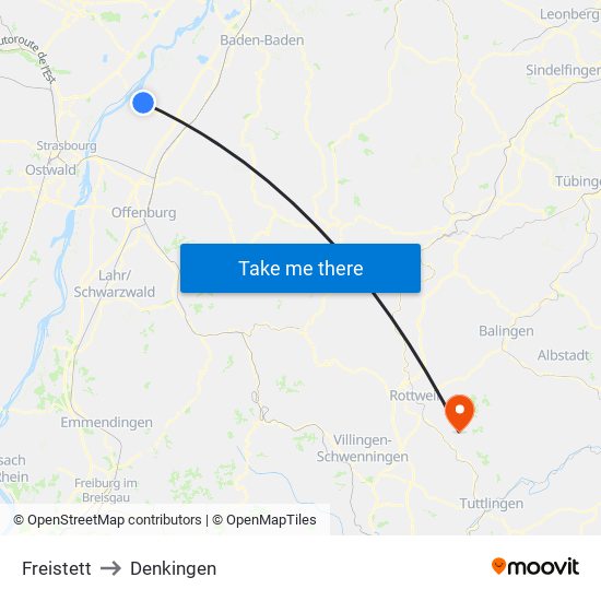 Freistett to Denkingen map