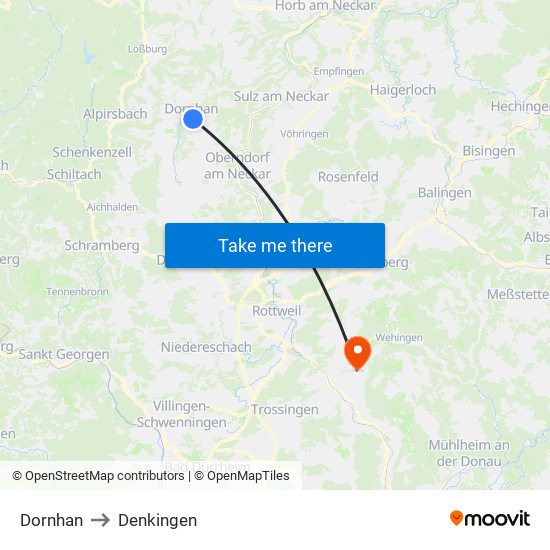 Dornhan to Denkingen map