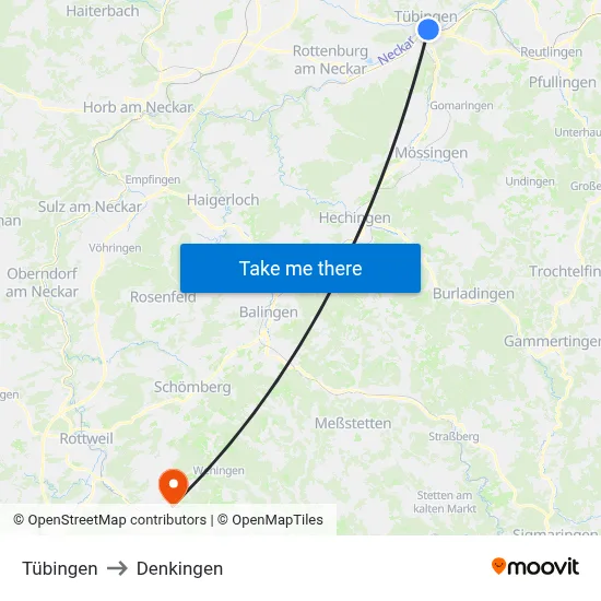 Tübingen to Denkingen map