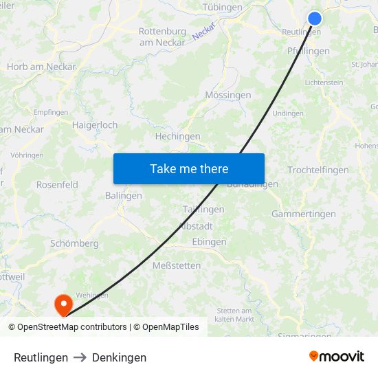 Reutlingen to Denkingen map