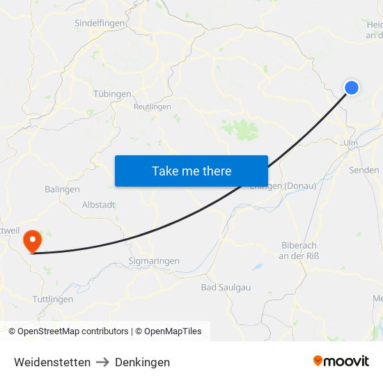 Weidenstetten to Denkingen map