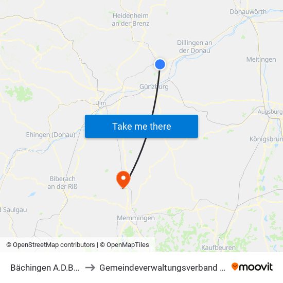 Bächingen A.D.Brenz to Gemeindeverwaltungsverband Illertal map