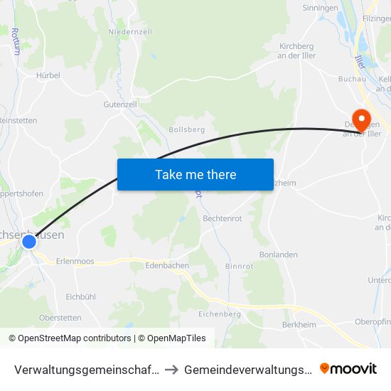 Verwaltungsgemeinschaft Ochsenhausen to Gemeindeverwaltungsverband Illertal map