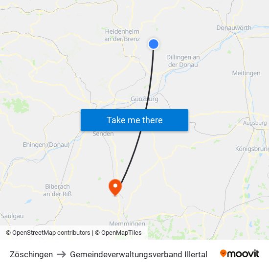 Zöschingen to Gemeindeverwaltungsverband Illertal map