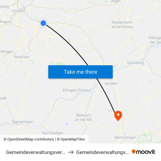 Gemeindeverwaltungsverband Plochingen to Gemeindeverwaltungsverband Illertal map