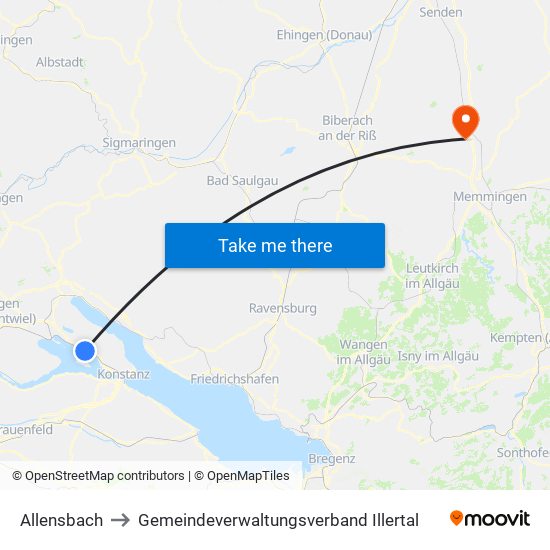 Allensbach to Gemeindeverwaltungsverband Illertal map